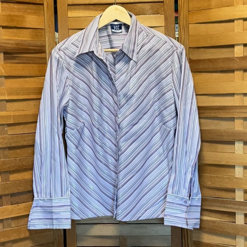 DCC Missy Purple White Silver Blouse Chevron Pattern Women Shirt XL Polyester